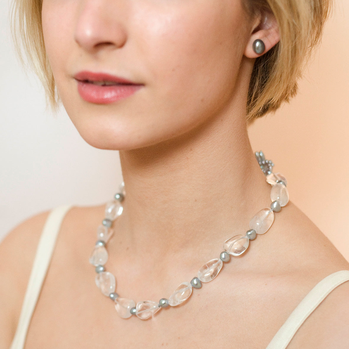 Grey Freshwater Pearl &amp; Rock Crystal &#39;Boulder&#39; Necklace