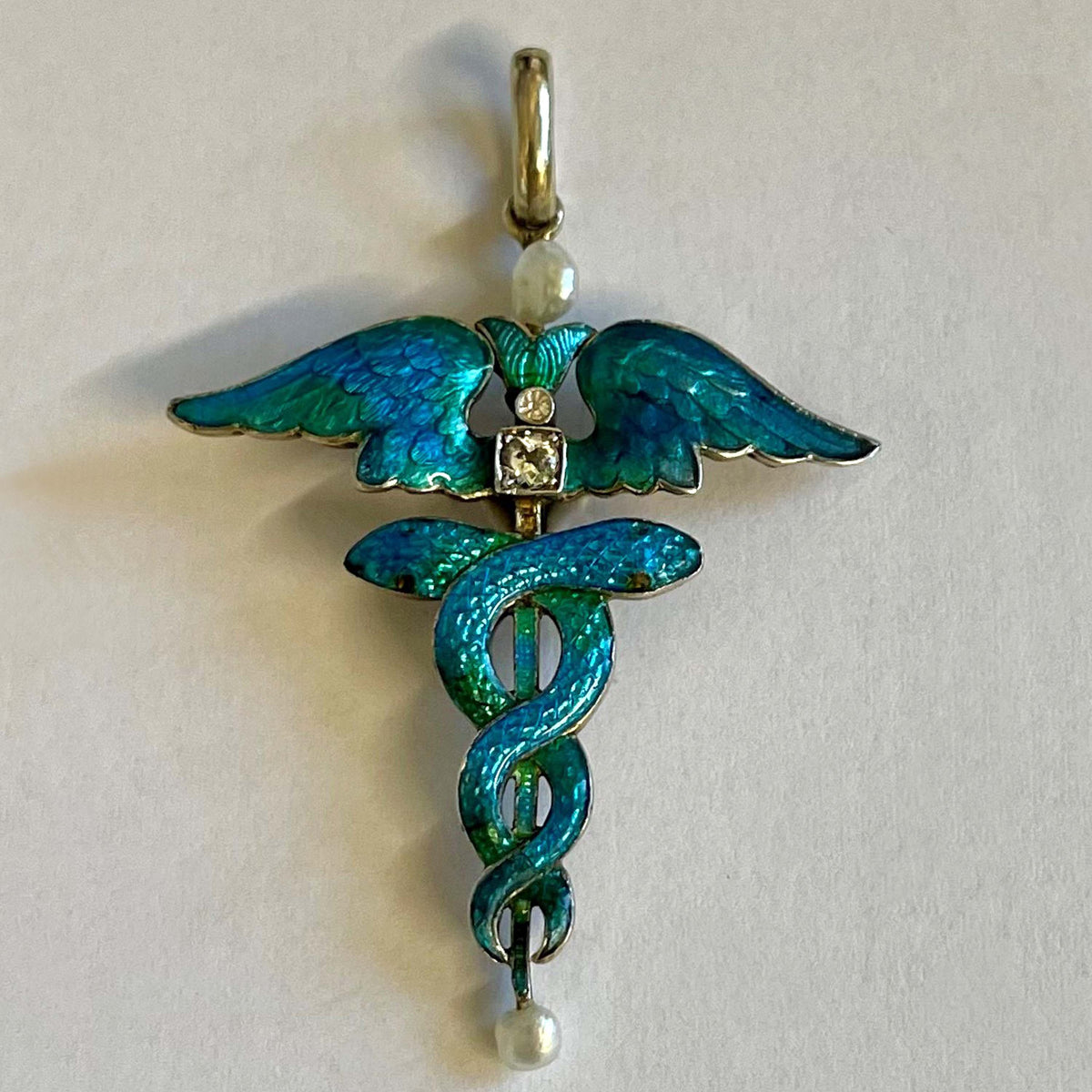 Rare White Natural Pearl, Diamond &amp; Enamel Caduceus Pendant by Child &amp; Child