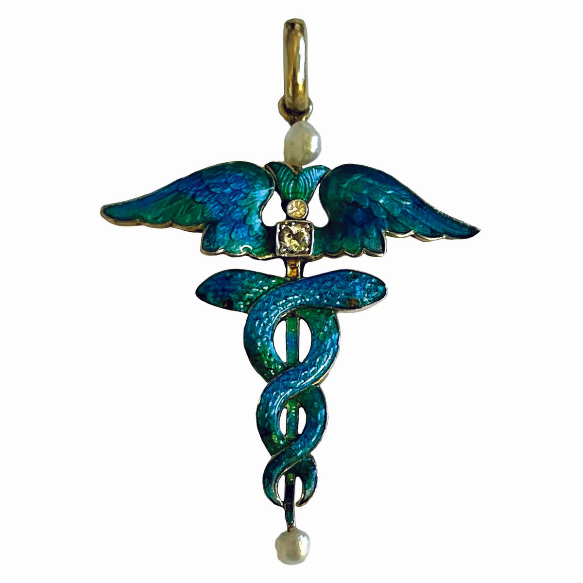 Rare White Natural Pearl, Diamond &amp; Enamel Caduceus Pendant by Child &amp; Child