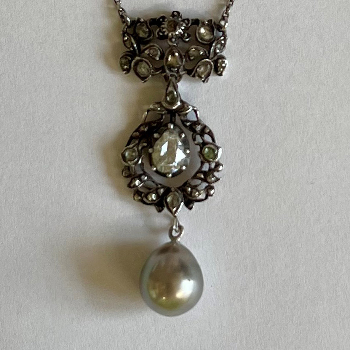 Grey Tahitian Pearl &amp; Pear-Cut Diamond Victorian Pendant