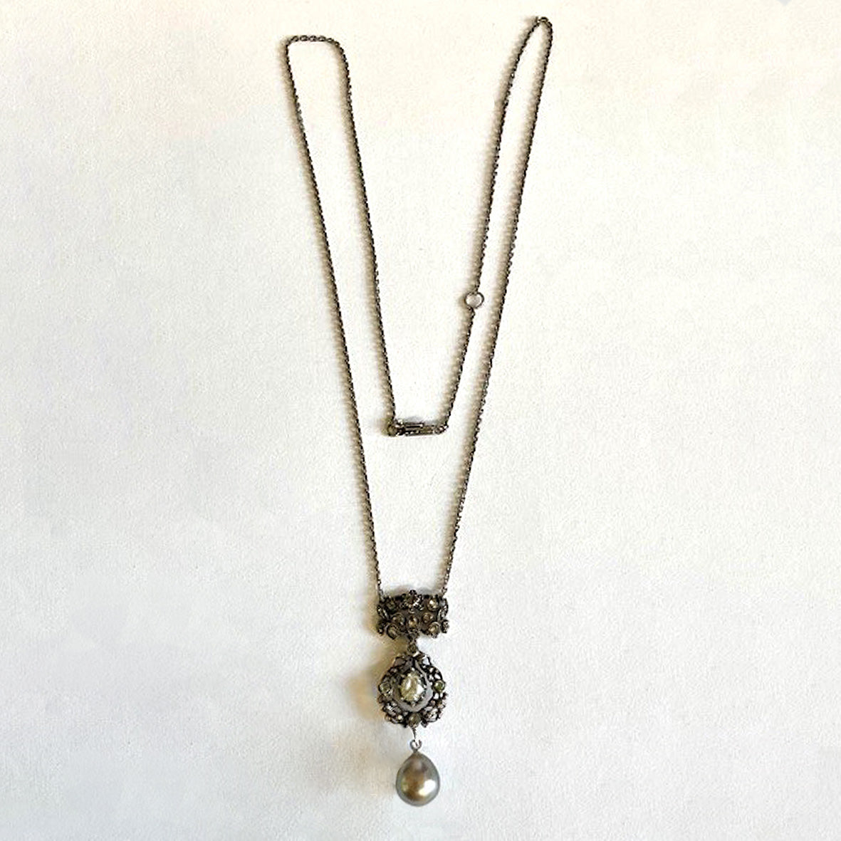 Grey Tahitian Pearl &amp; Pear-Cut Diamond Victorian Pendant