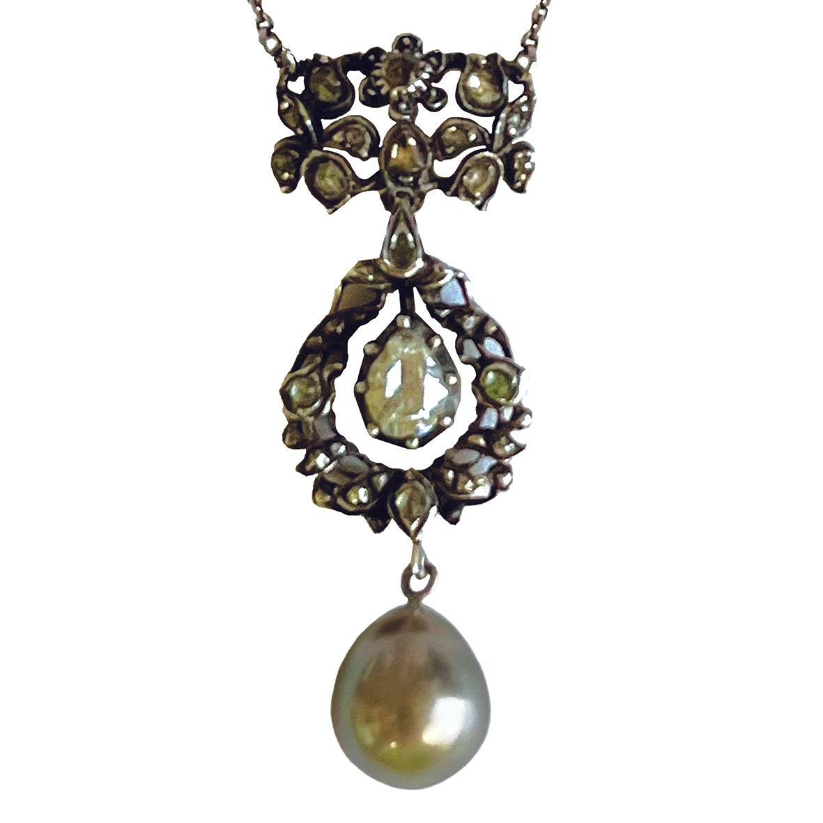 Grey Tahitian Pearl &amp; Pear-Cut Diamond Victorian Pendant