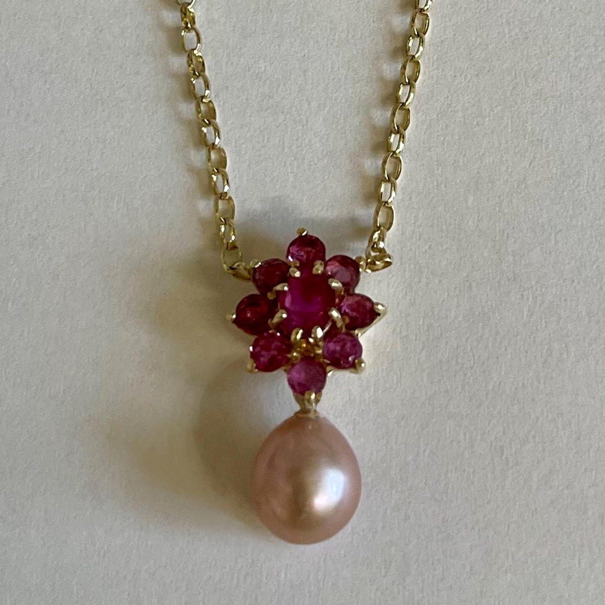 Pink Freshwater Pearl &amp; Ruby 20th Century Cluster Pendant