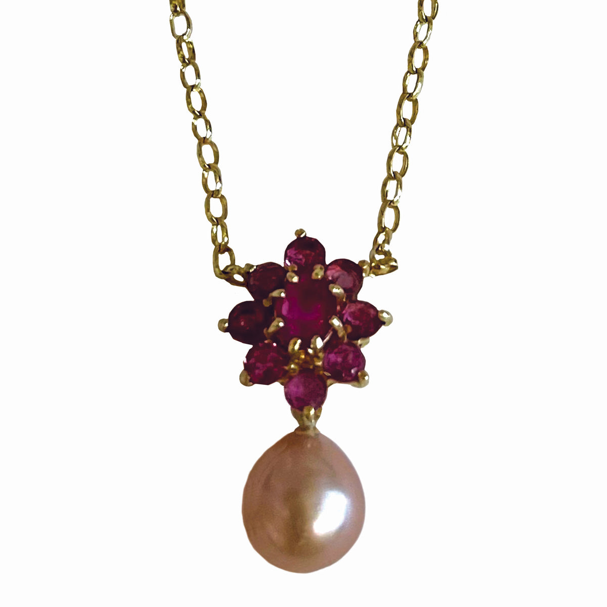 Pink Freshwater Pearl &amp; Ruby 20th Century Cluster Pendant