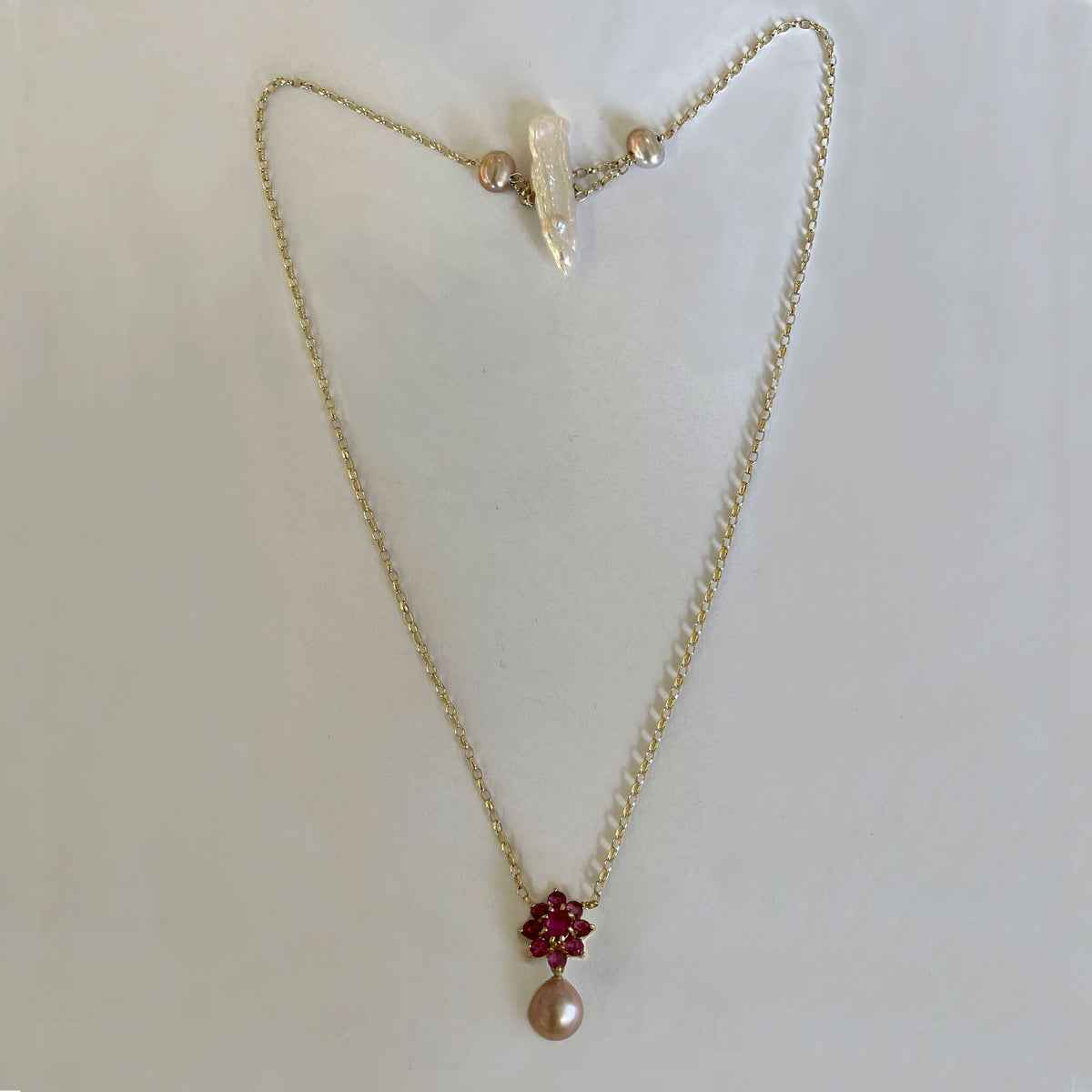 Pink Freshwater Pearl &amp; Ruby 20th Century Cluster Pendant