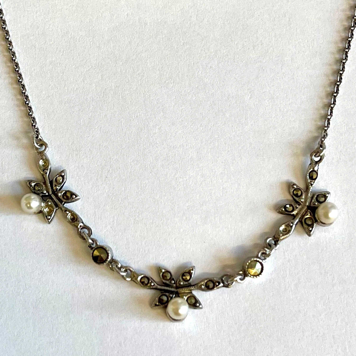 White Akoya Pearl &amp; Marcasite Late Victorian Pendant