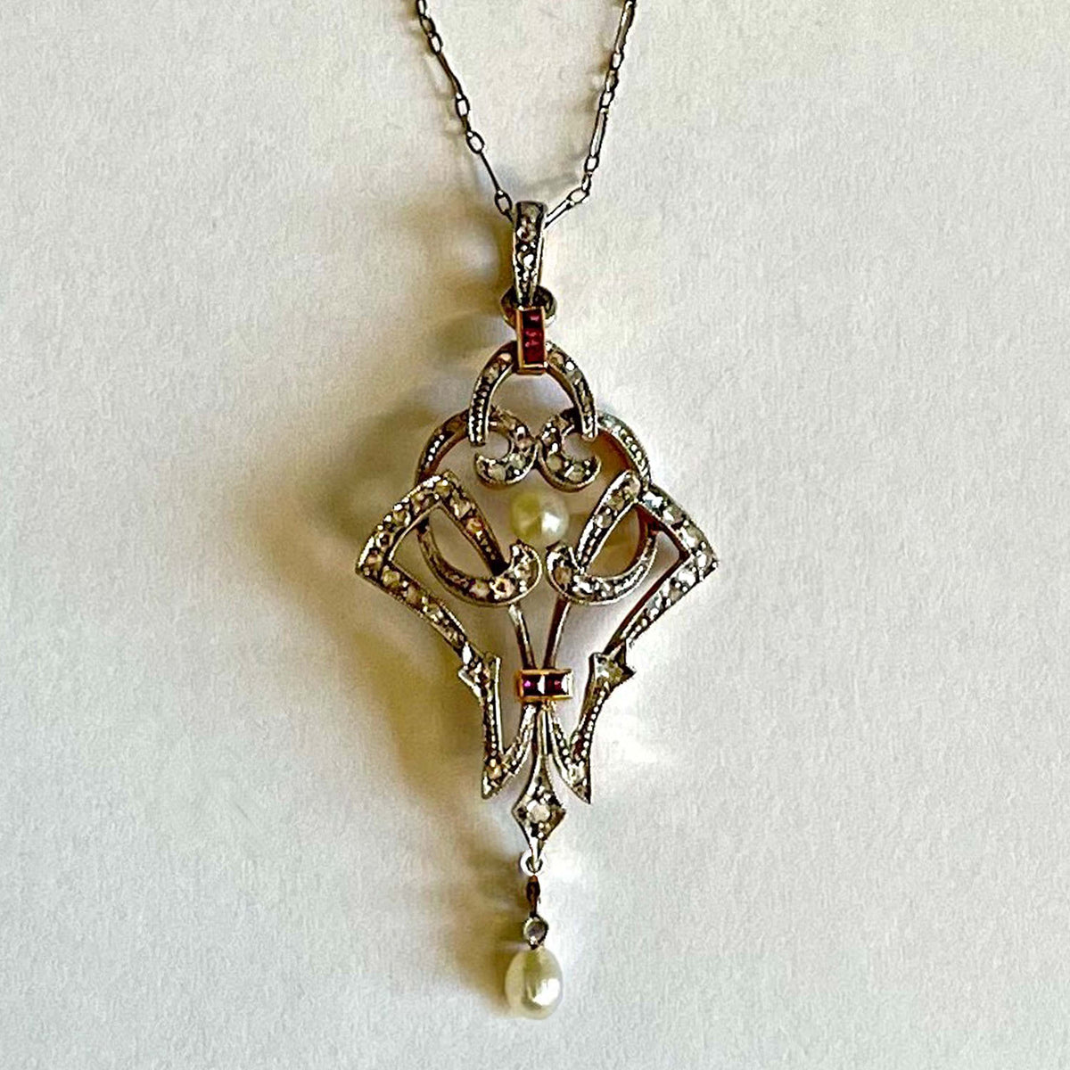 Rare White Natural Pearl, Diamond &amp; Ruby, Edwardian Pendant