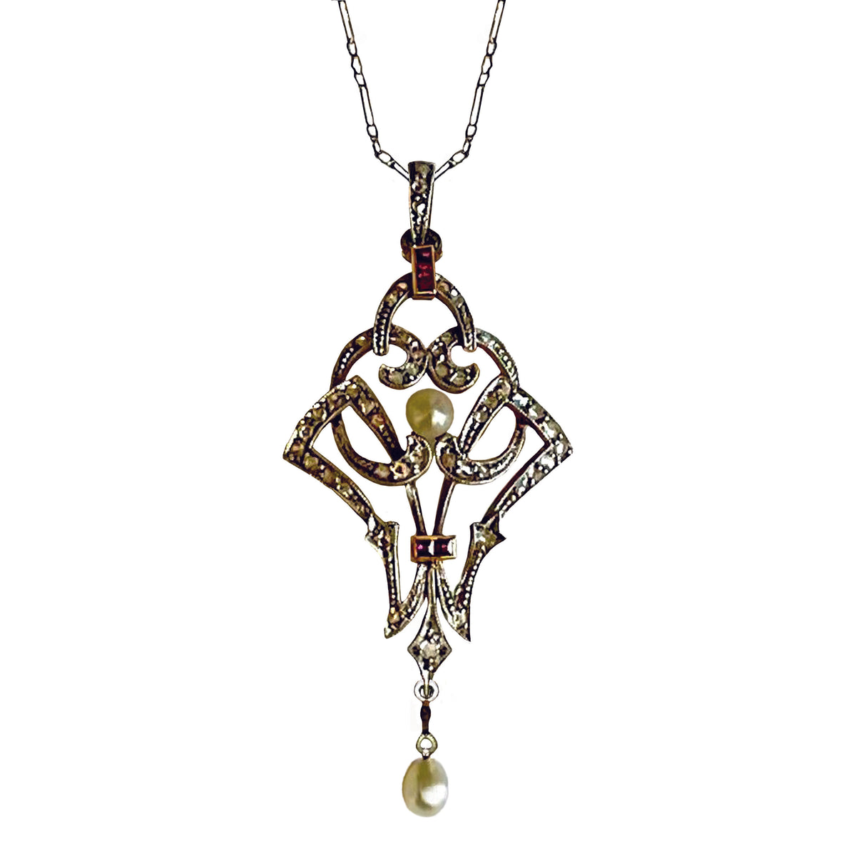 Rare White Natural Pearl, Diamond &amp; Ruby, Edwardian Pendant