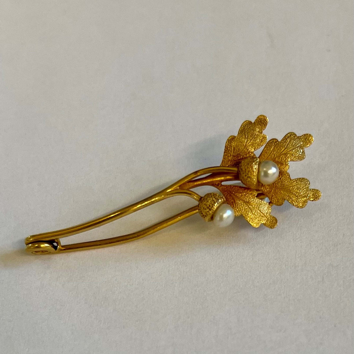 Rare White Natural Pearl &amp; Gold Oak Leaf Brooch