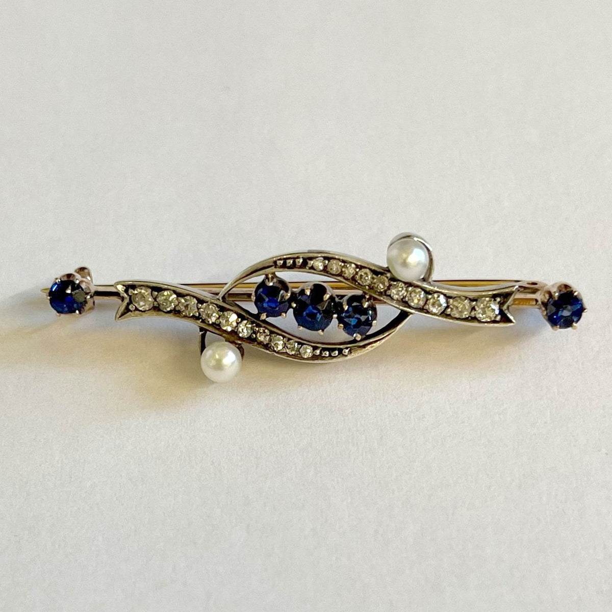 White Freshwater Pearl, Diamond &amp; Sapphire &#39;Twist&#39; Belle Epoque Brooch