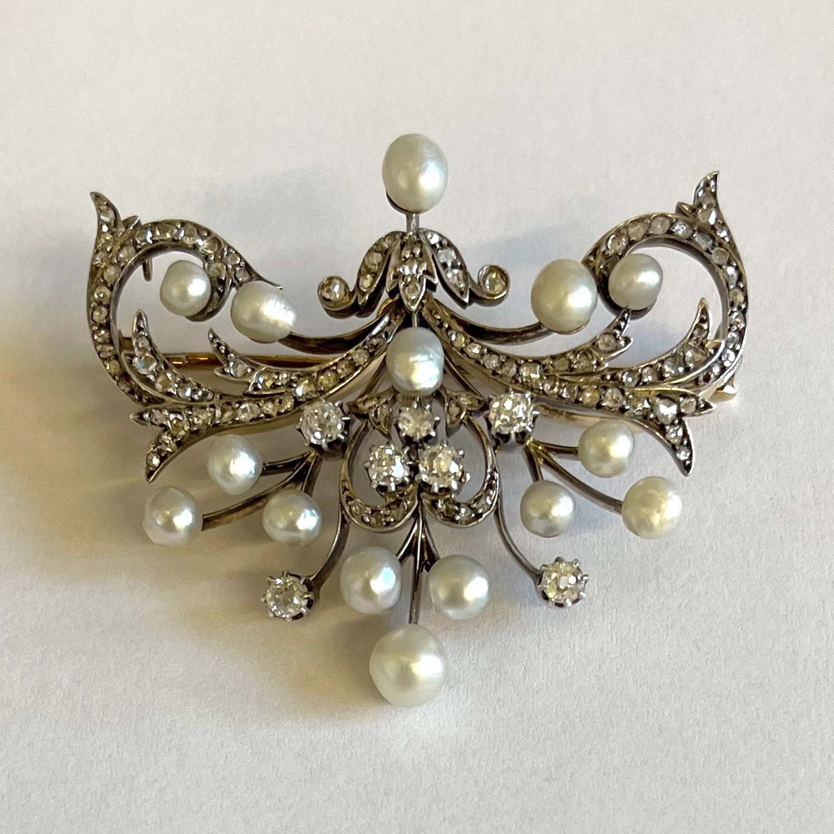 Rare White Natural Pearl &amp; Diamond Encrusted Belle Epoque Brooch