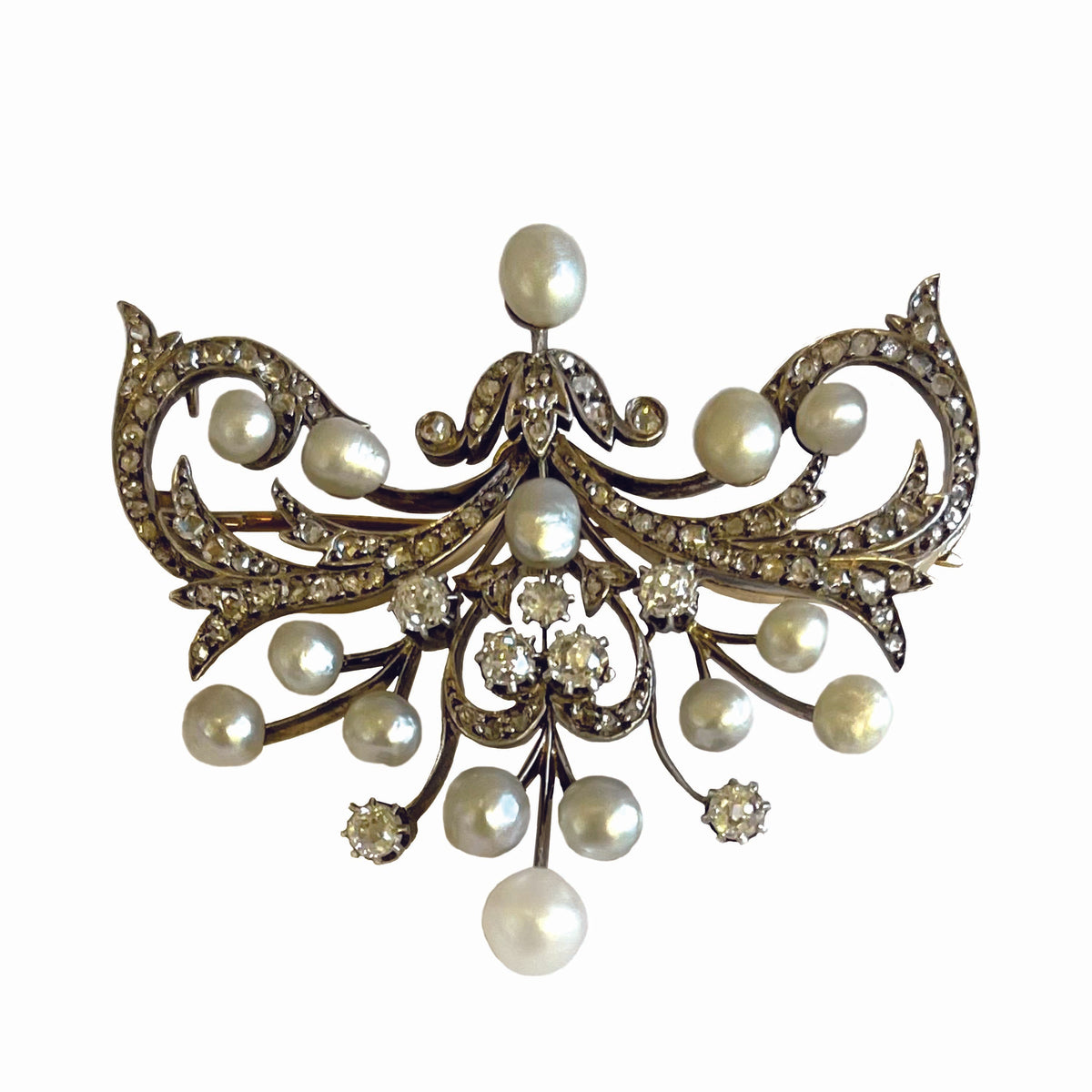 Rare White Natural Pearl &amp; Diamond Encrusted Belle Epoque Brooch