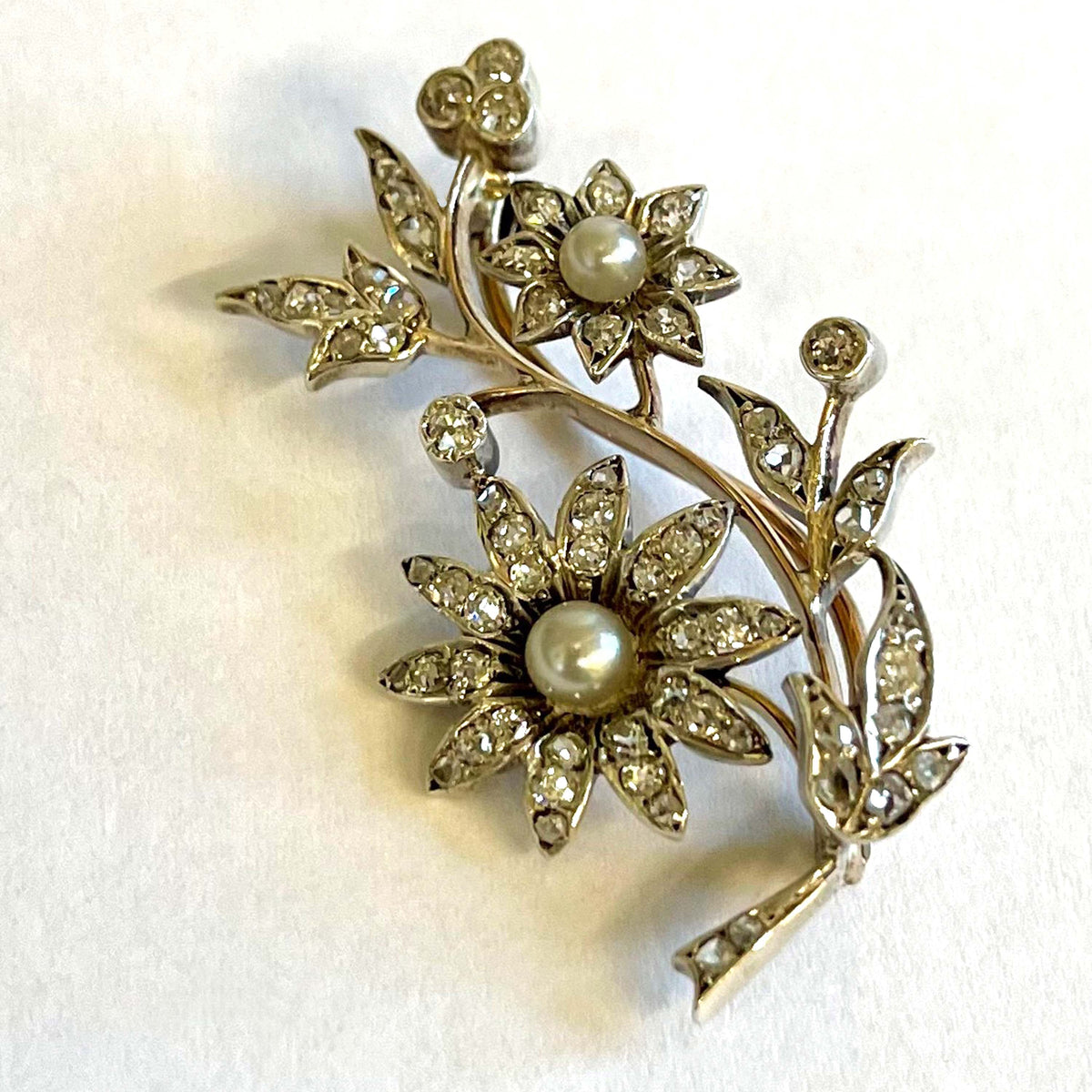 Rare White Natural Pearl &amp; Diamond Floral Victorian Brooch