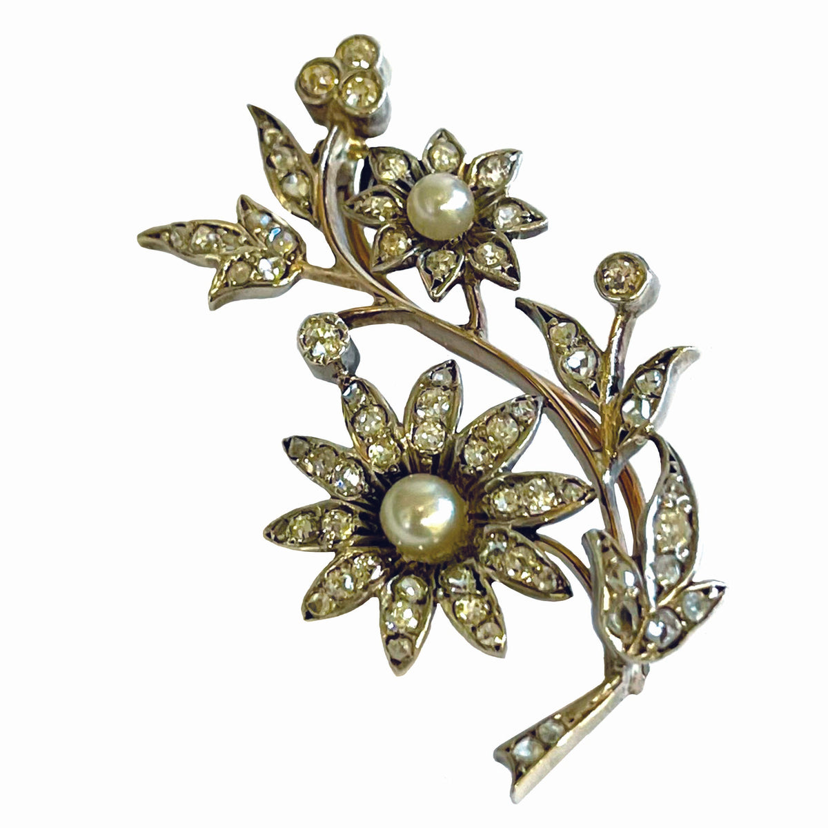 Rare White Natural Pearl &amp; Diamond Floral Victorian Brooch