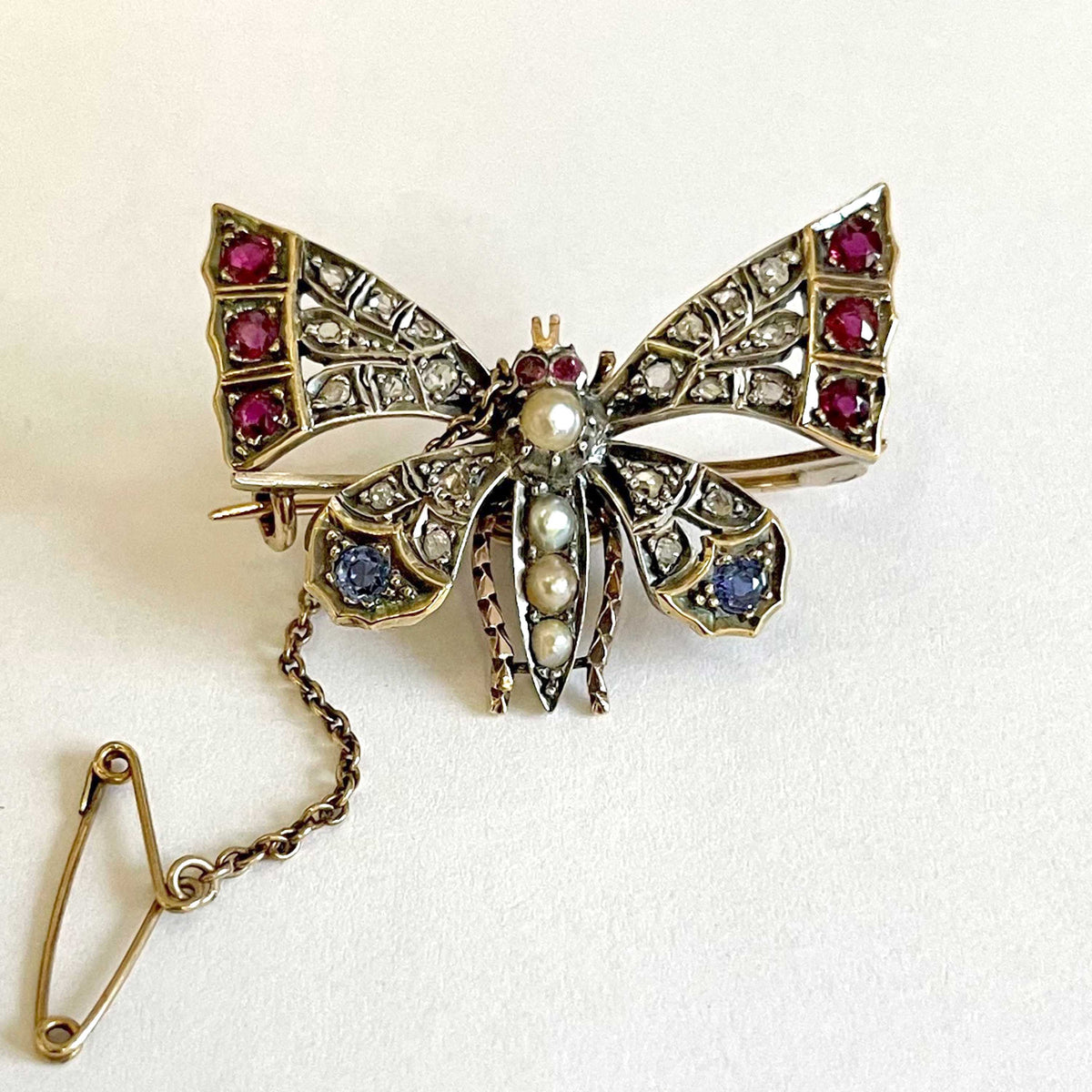 Rare White Natural Pearl, Diamond, Ruby &amp; Sapphire &#39;Butterfly&#39; Brooch