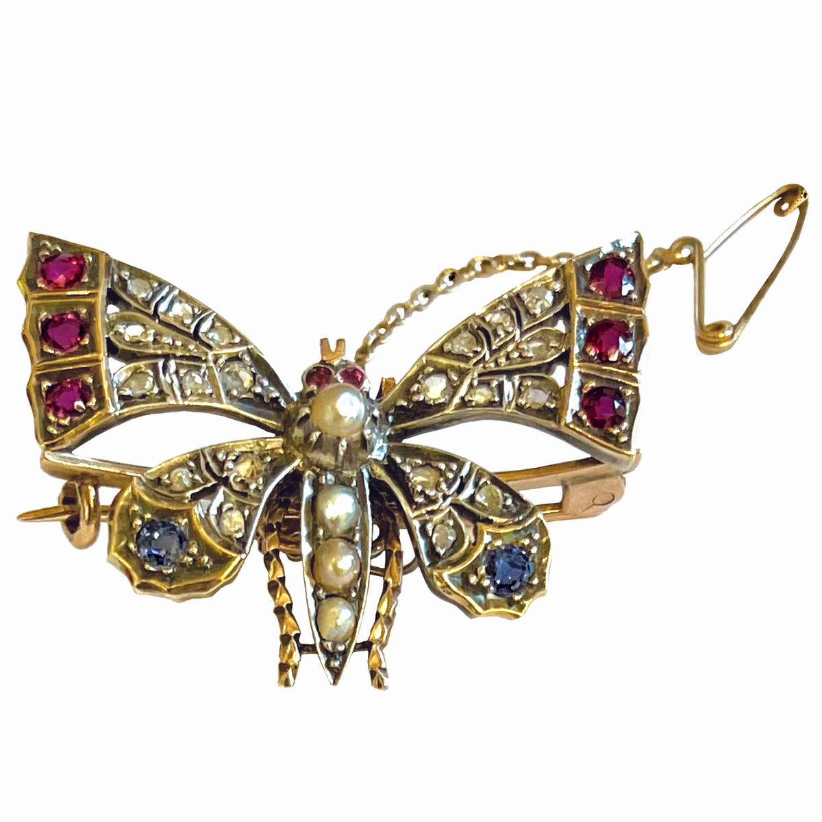 Rare White Natural Pearl, Diamond, Ruby &amp; Sapphire &#39;Butterfly&#39; Brooch