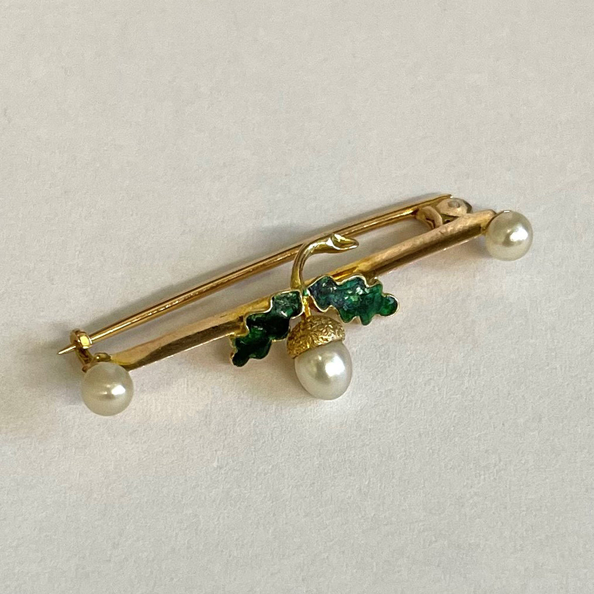 Rare White Natural Pearl, Green Enamel &#39;Acorn Leaf&#39; Brooch