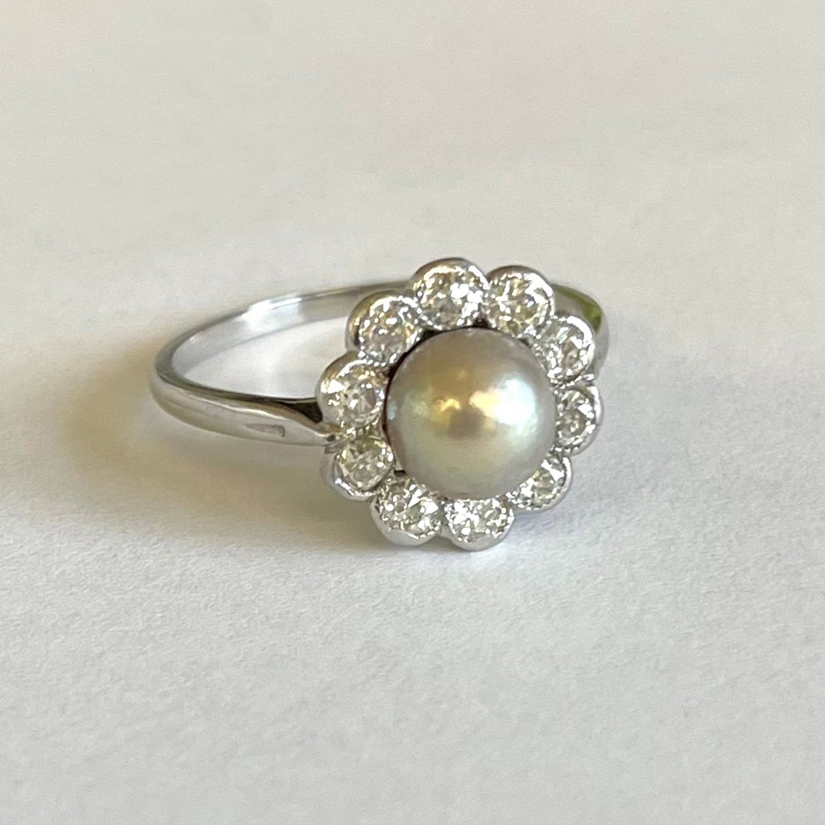 Rare Grey Natural Freshwater Pearl, Diamond &amp; Platinum Belle Epoque Halo Ring