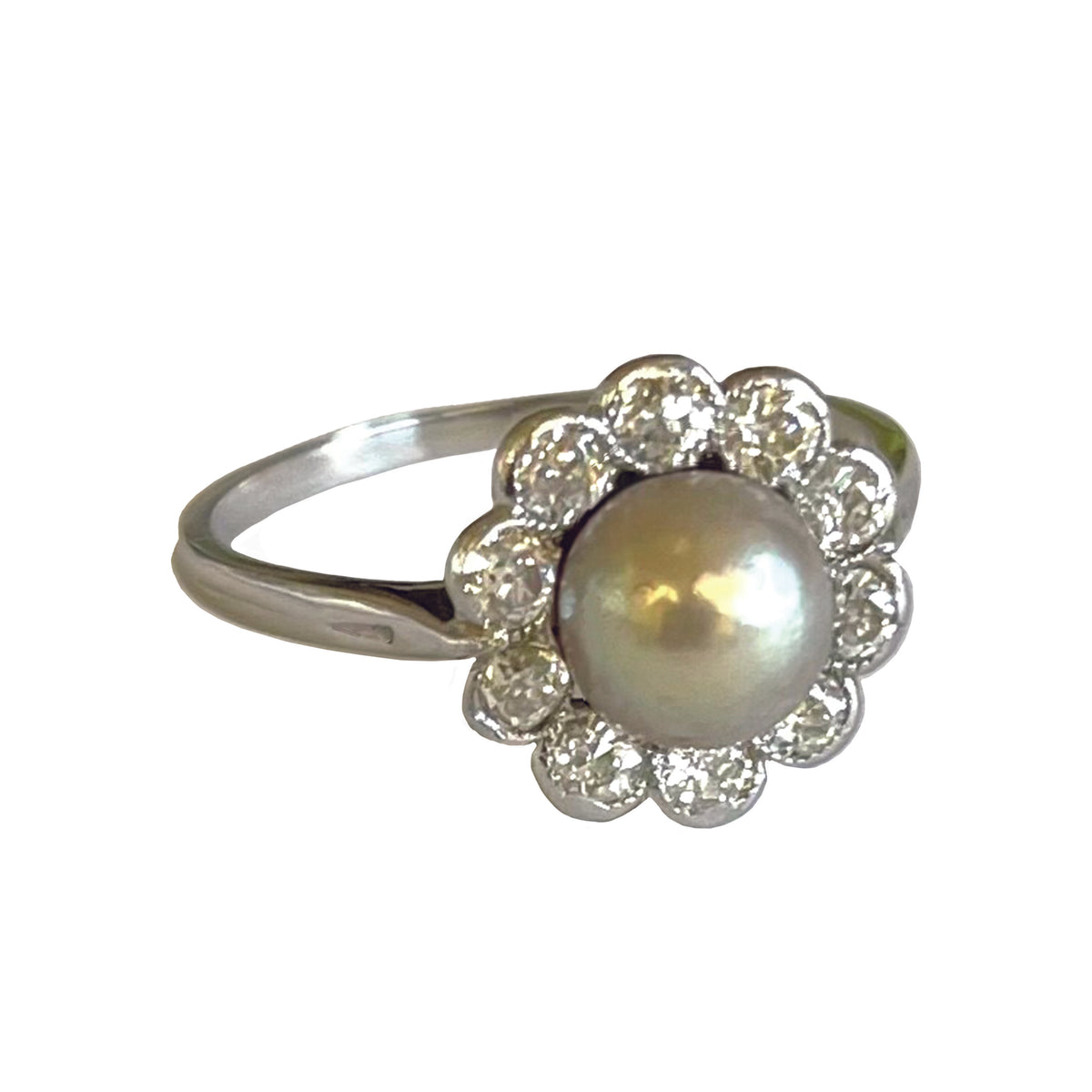 Rare Grey Natural Freshwater Pearl, Diamond &amp; Platinum Belle Epoque Halo Ring