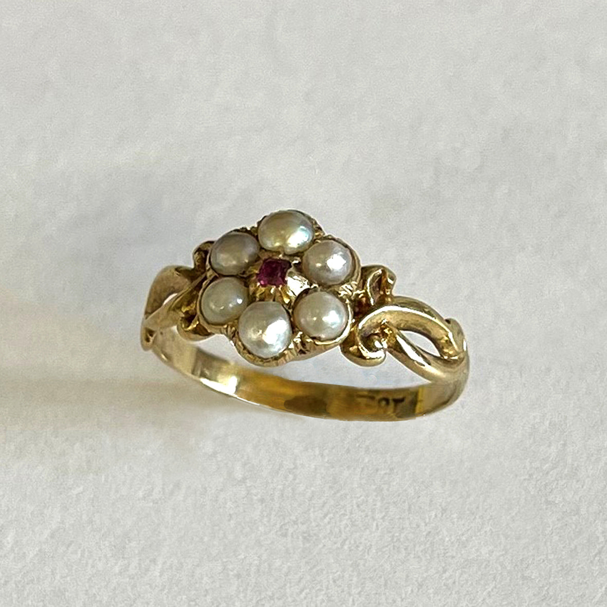 Rare White Natural Pearl &amp; Ruby Cluster Georgian Ring