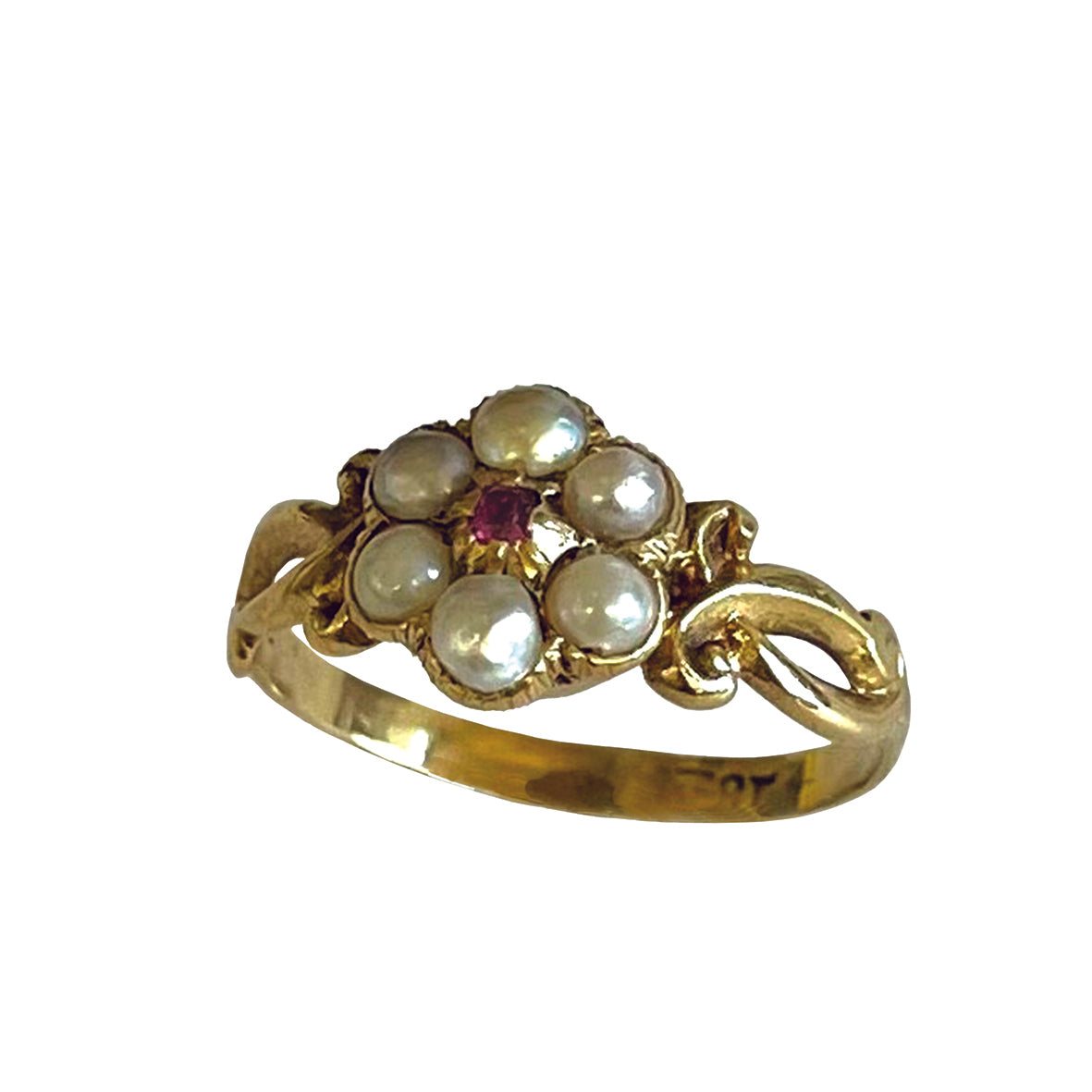 Rare White Natural Pearl &amp; Ruby Cluster Georgian Ring